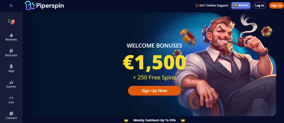 Piperspin Casino 200% Welkomstbonus tot €1.000 + 150 Gratis Spins